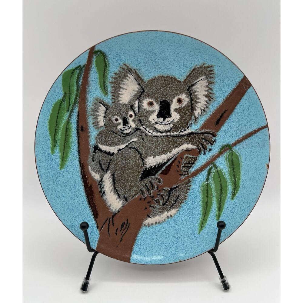 Vintage Annemarie Davidson Enamel on Copper Plate Blue w Koala Bears 7.5” Signed